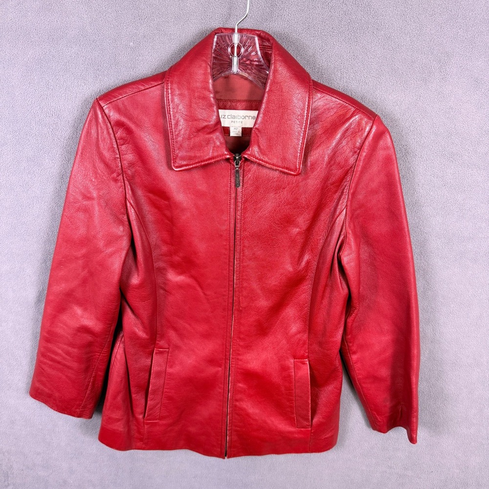 VTG Liz Claiborne Red Leather Jacket Women Petite Medium MP Zip Up Biker Moto